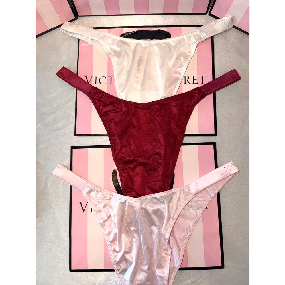 Victorias Secret Thong Brazilian Shine Strap Satin Large 3 Pair - Picture 3 of 3